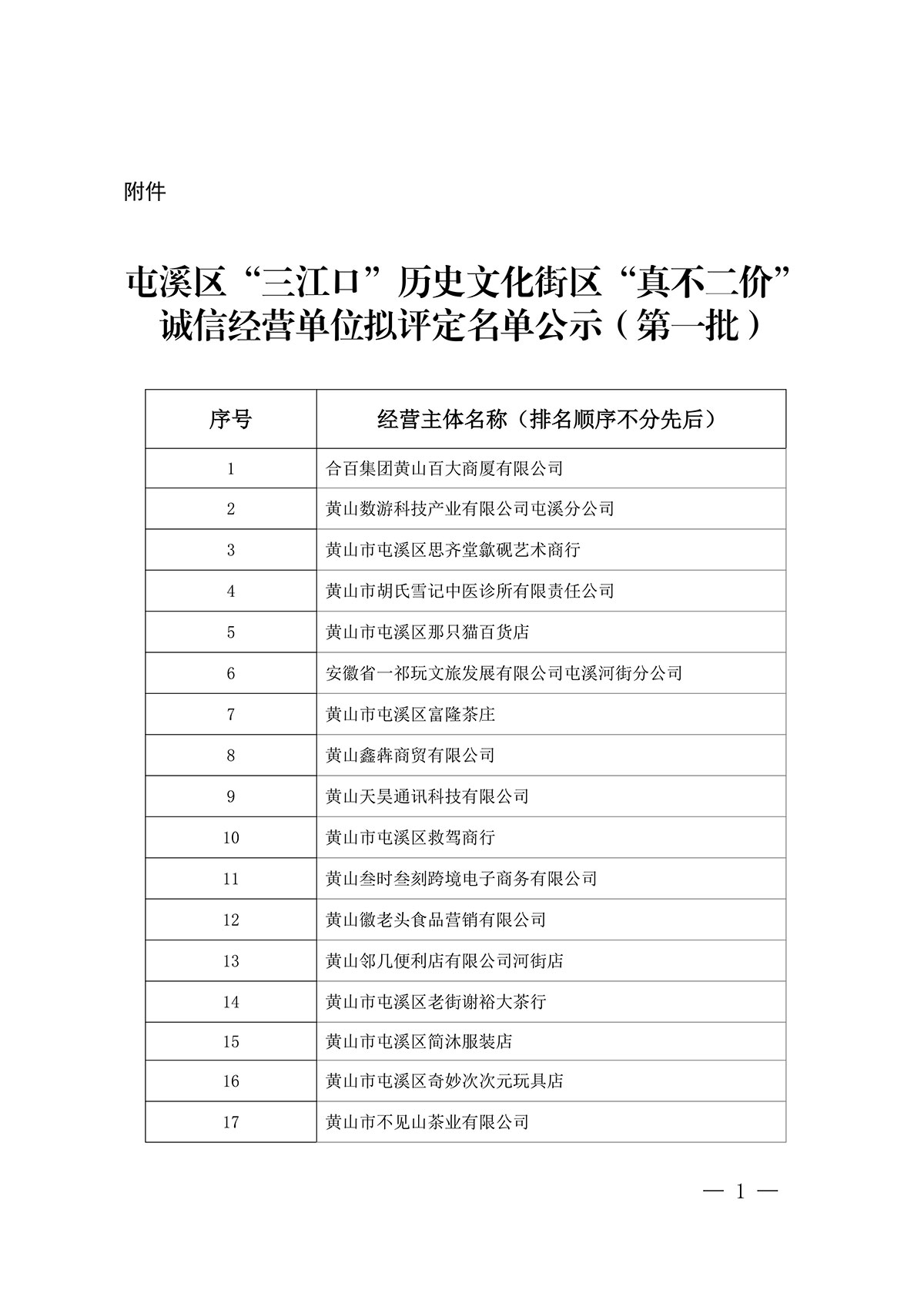 關(guān)于屯溪區(qū)“三江口”歷史文化街區(qū)商貿(mào)服務(wù)業(yè)第一批“真不二價(jià)”誠信經(jīng)營單位擬評(píng)定名單的公示